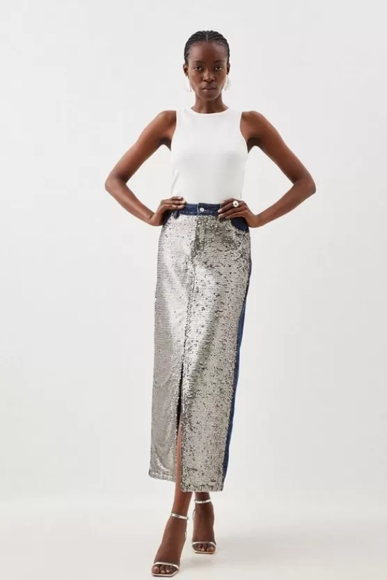 Best Sale Karen Millen Denim & Sequin Maxi Skirt midblue