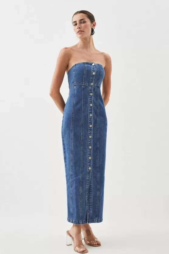 Flash Sale Karen Millen Denim Bandeau Button Midi Dress midwash