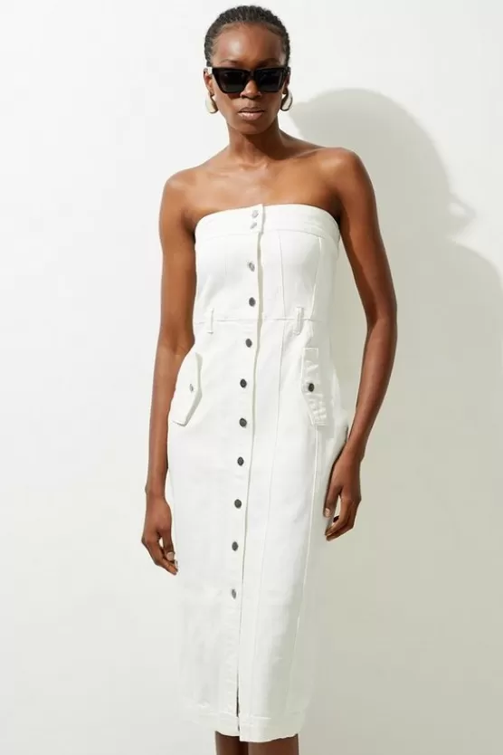 Fashion Karen Millen Denim Bandeau Button Through Maxi Dress ivory