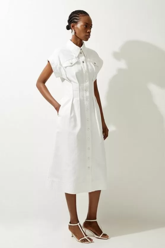 Flash Sale Karen Millen Denim Button Through Darted Waist Maxi Shirt Dress ivory