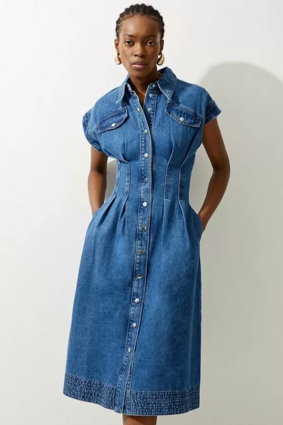 Clearance Karen Millen Denim Button Through Darted Waist Maxi Shirt Dress midblue