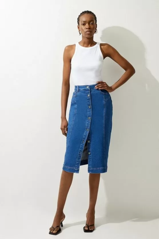 Discount Karen Millen Denim Button Through Midi Skirt midblue