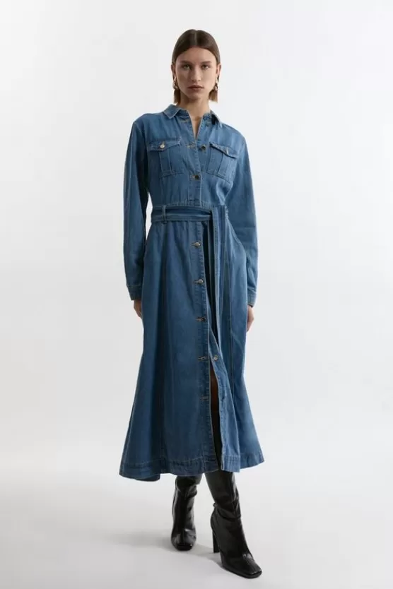 Shop Karen Millen Denim Collared Belted Maxi Dress midblue