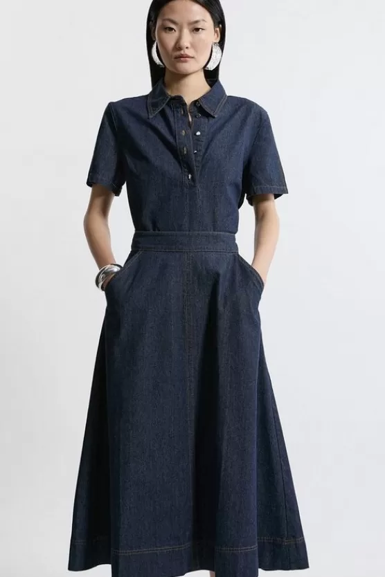 New Karen Millen Denim Full Midi Skirt indigo