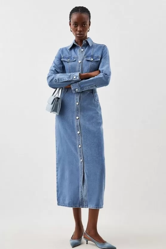 Online Karen Millen Denim Long Sleeve Midi Shirt Dress midwash