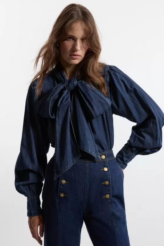 New Karen Millen Denim Pussybow Denim Blouse indigo