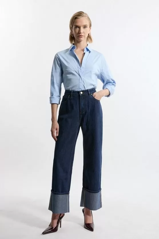 Discount Karen Millen Denim Straight Leg Turn Up Hem Jeans indigo