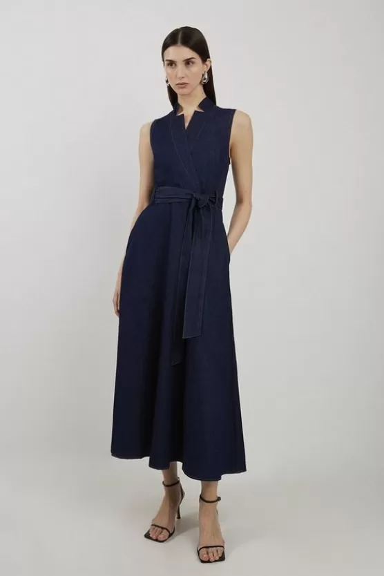 Store Karen Millen Denim Tailored Notch Neck Belted Fluid Midi Dress indigo