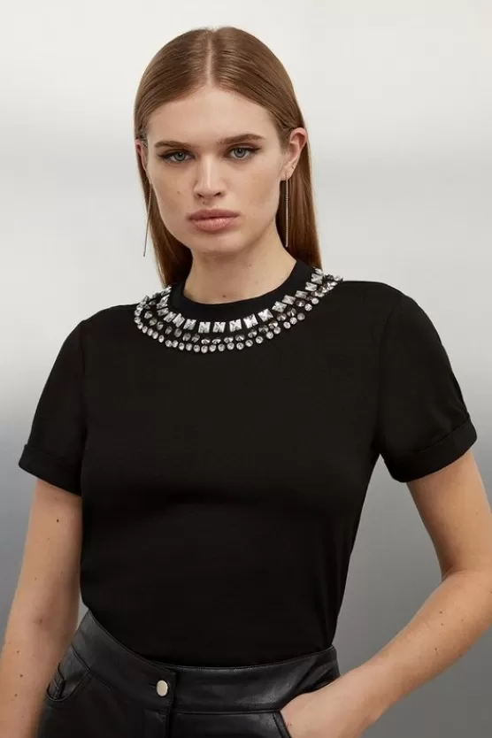 Best Sale Karen Millen Diamante Trim Cotton T-Shirt black