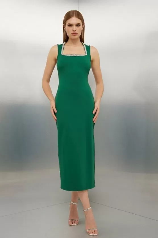 Clearance Karen Millen Diamante Trim Ponte Midi Dress green