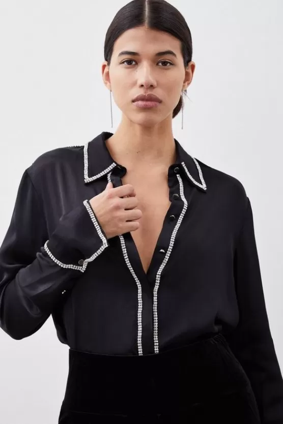 Sale Karen Millen Diamante Trim Viscose Woven Satin Shirt black