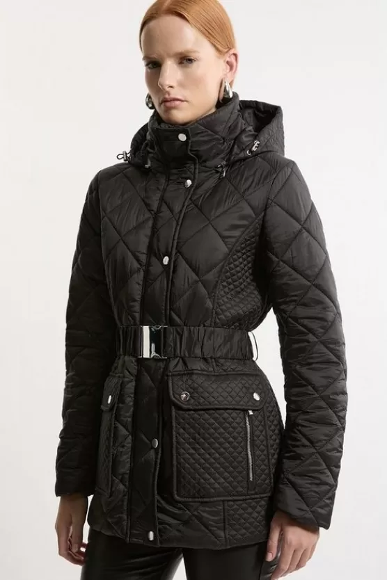 Discount Karen Millen Diamond Quilted Belted Short Padded Coat black