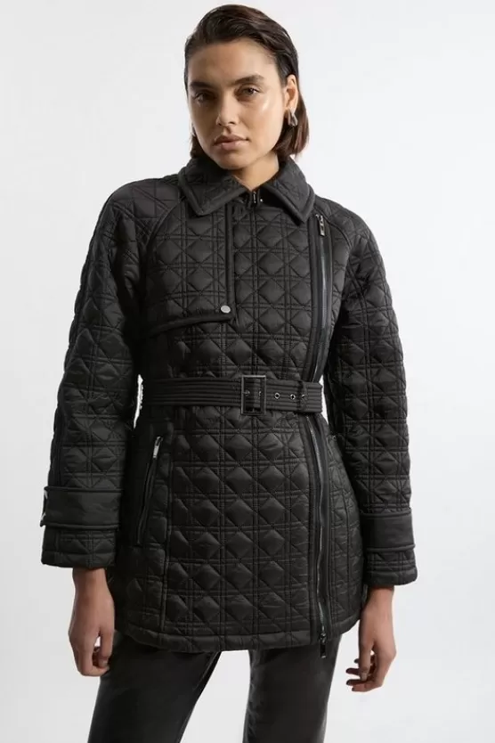 Flash Sale Karen Millen Diamond Quilted Belted Short Puffer Trench Jacket black