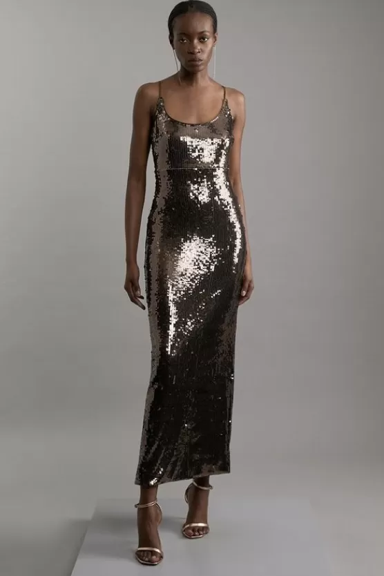 Online Karen Millen Disc Sequin Strappy Woven Midi Dress gunmetal