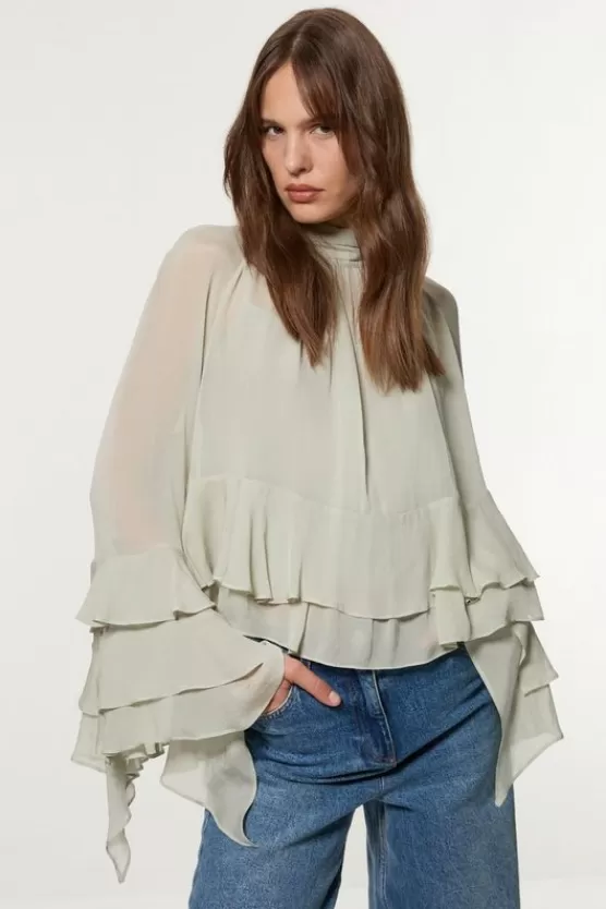 Store Karen Millen Drama Kimono Viscose Georgette Woven Blouse sage