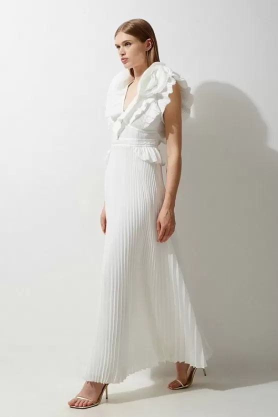 Discount Karen Millen Drama Pleat Ruffle Rosette Woven Maxi Dress white