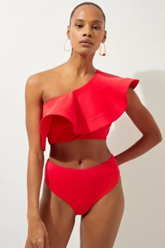 New Karen Millen Drama Ruffle One Shoulder Bikini Top red