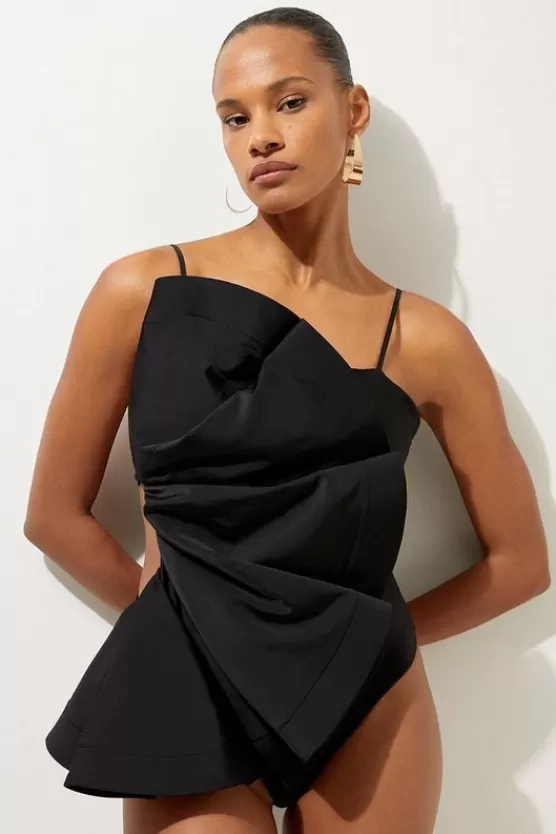 New Karen Millen Drama Ruffle Strappy High Leg Swimsuit black