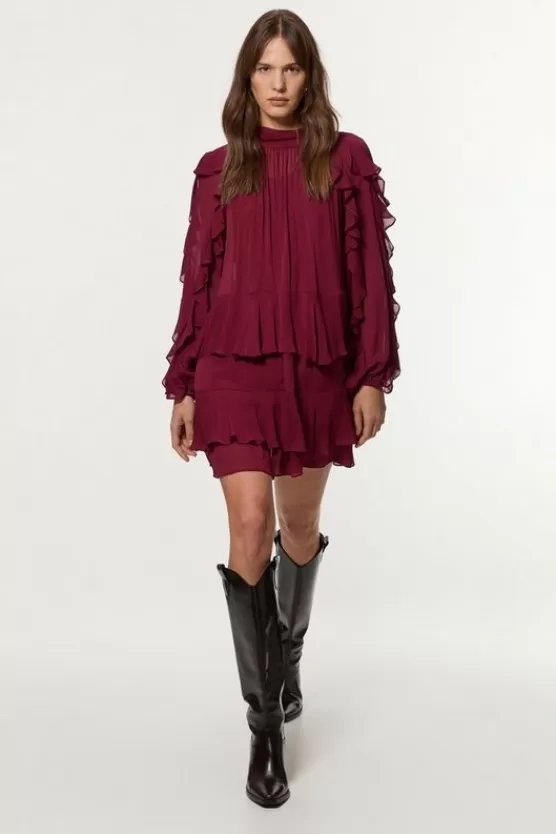 Hot Karen Millen Drama Ruffle Viscose Georgette Woven Mini Dress berry