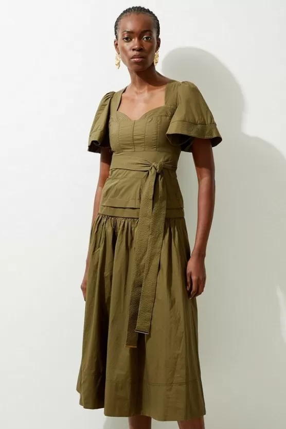 Sale Karen Millen Drama Short Sleeve Tie Waist Woven Midi Dress khaki