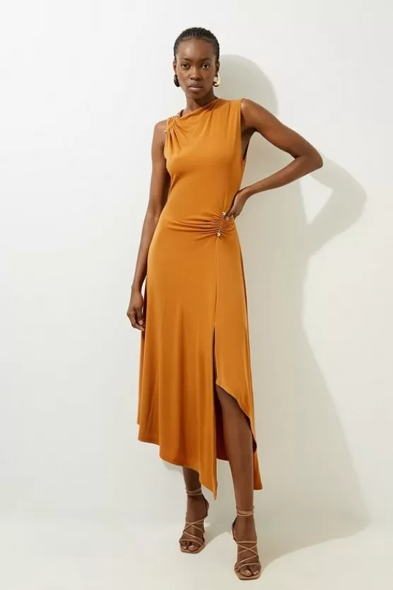 Store Karen Millen Drapey Crepe Jersey Long Sleeve Maxi Dress cinnamon