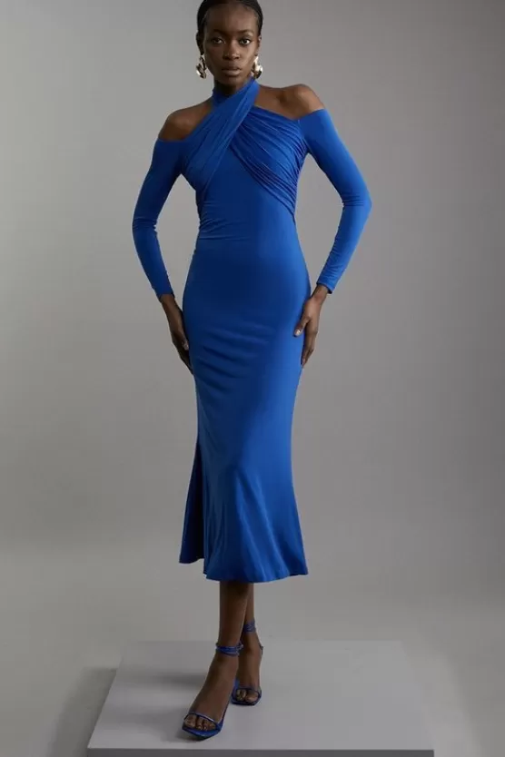 Sale Karen Millen Drapey Crepe Twist Midaxi Dress cobalt