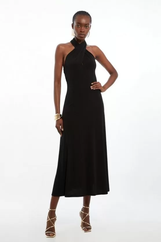 New Karen Millen Drapey Jersey Twist Neck Maxi Dress black