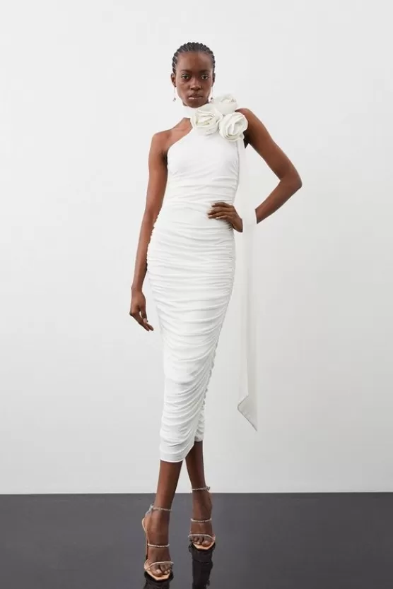 Online Karen Millen Drapey Ruched Jersey Rosette Midi Dress ivory