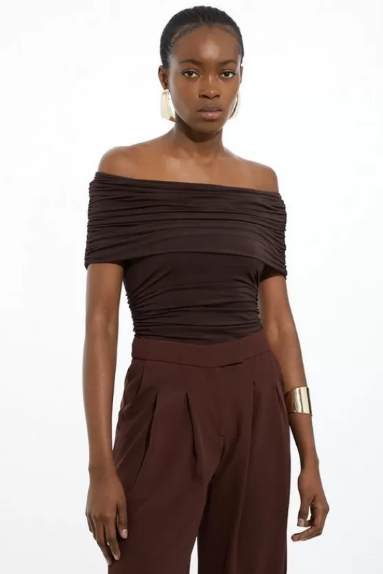 Discount Karen Millen Drapey Slinky Jersey Off The Shoulder Bodysuit chocolate