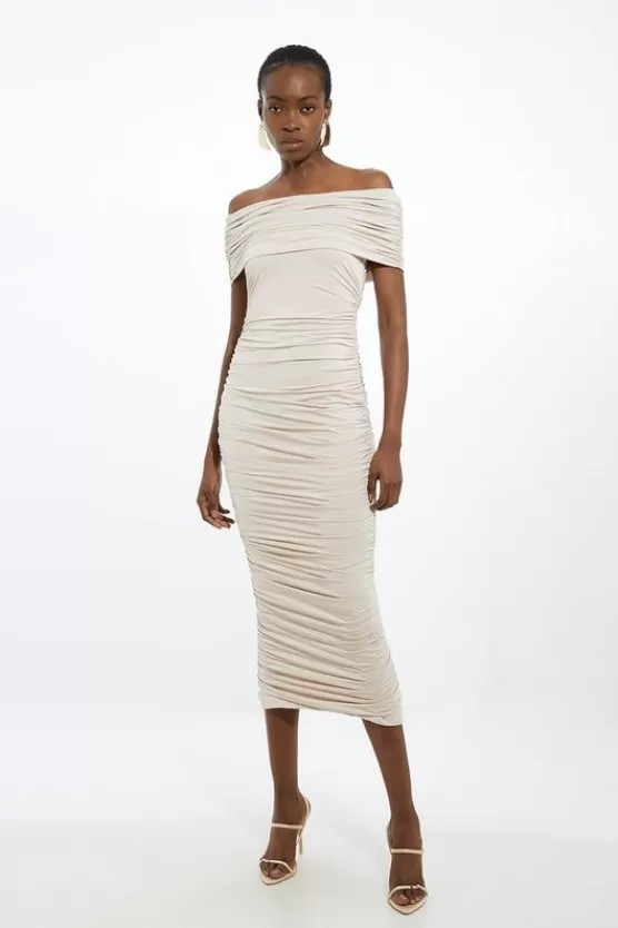 Fashion Karen Millen Drapey Slinky Jersey Off The Shoulder Maxi Dress oyster