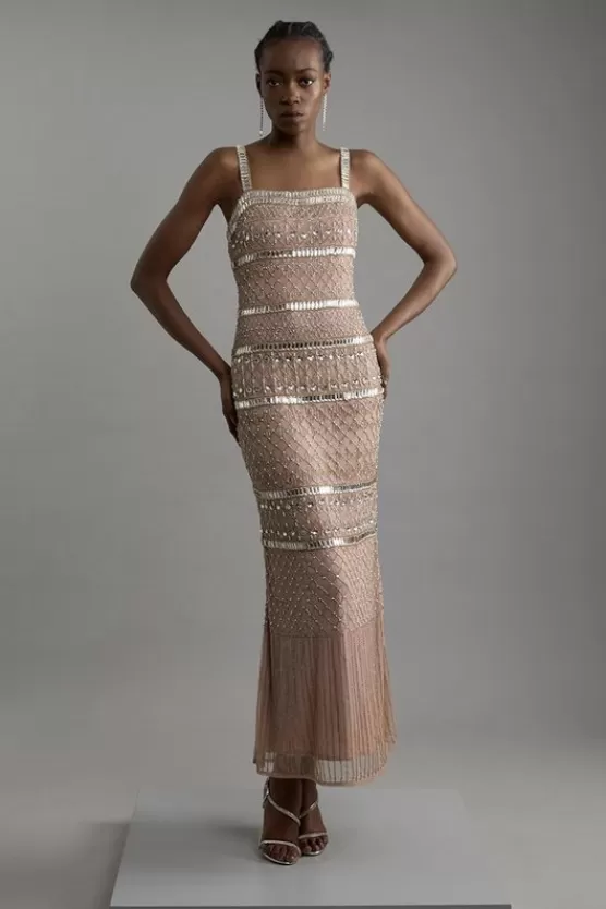 Best Karen Millen Embellished And Beaded Strappy Maxi Dress nude