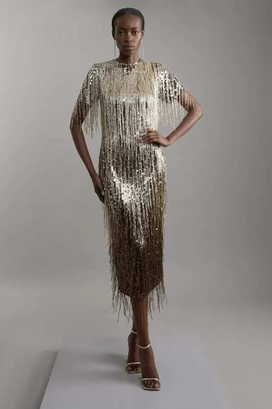 Flash Sale Karen Millen Embellished And Beaded Tassel Woven Maxi Dress gold