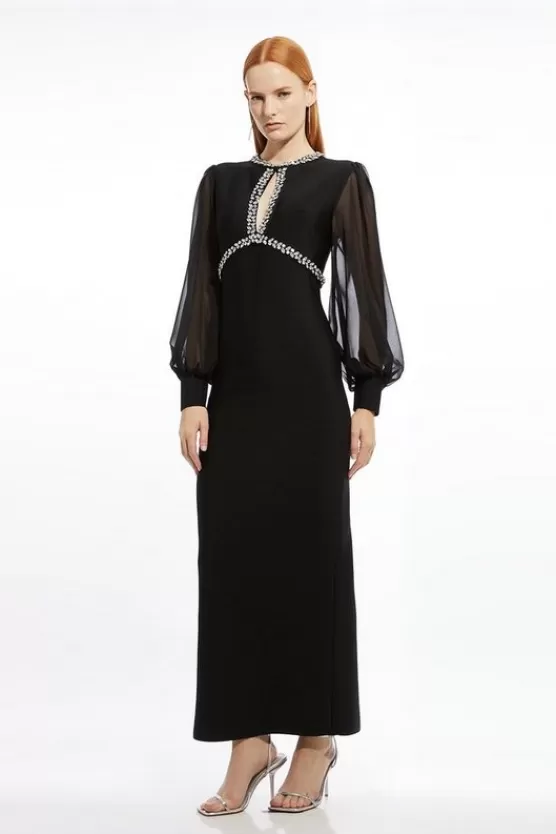Best Sale Karen Millen Embellished And Chiffon Sleeve Figure Form Knit Midaxi Dress black