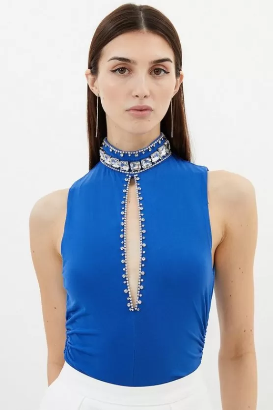 Shop Karen Millen Embellished Detail Drapey Crepe Jersey Bodysuit cobalt