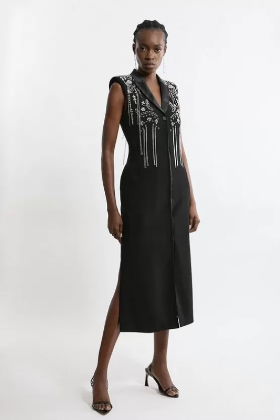 Outlet Karen Millen Embellished Detail Plunge Collared Woven Maxi Dress black