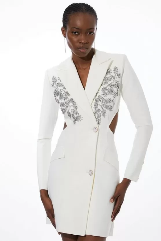 Store Karen Millen Embellished Figure Form Bandage Cut Out Back Blazer Dress cream
