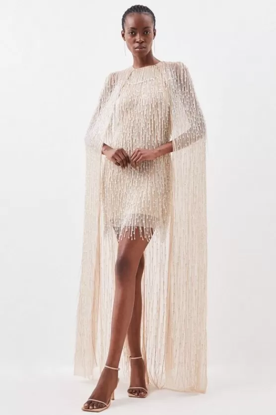 Best Sale Karen Millen Embellished Fringe Caped Woven Mini Dress silver