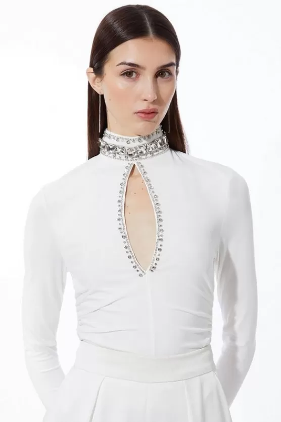 Clearance Karen Millen Embellished Jersey Crepe Keyhole Bodysuit ivory