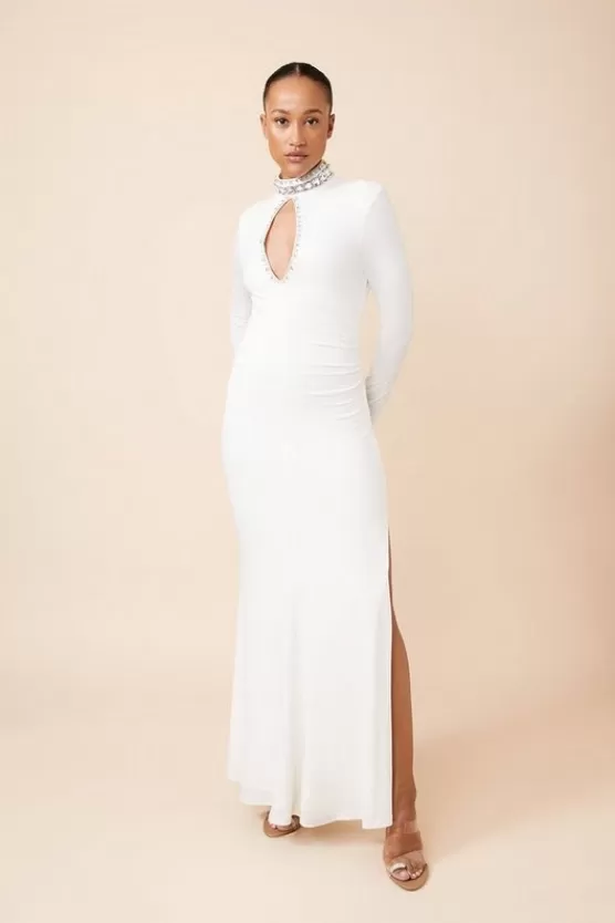 Shop Karen Millen Embellished Jersey Crepe Maxi Dress ivory