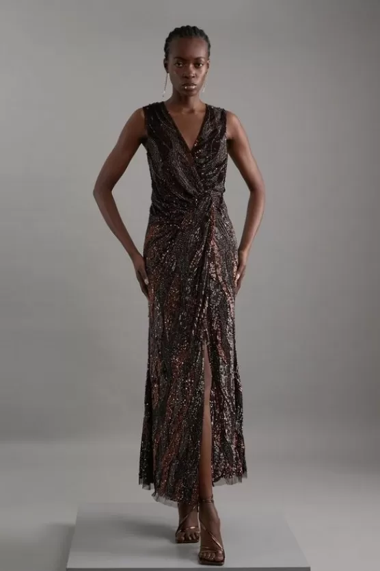 Hot Karen Millen Embellished Plunge Beaded Woven Maxi Dress chocolate