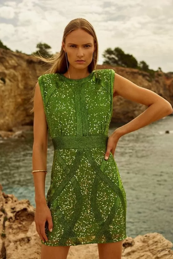 Shop Karen Millen Embellished Strong Shoulder Woven Mini Dress green