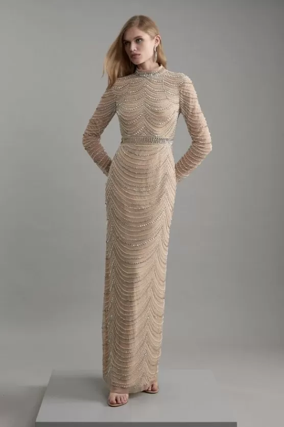 Shop Karen Millen Embellished Woven Long Sleeved Maxi Dress silver