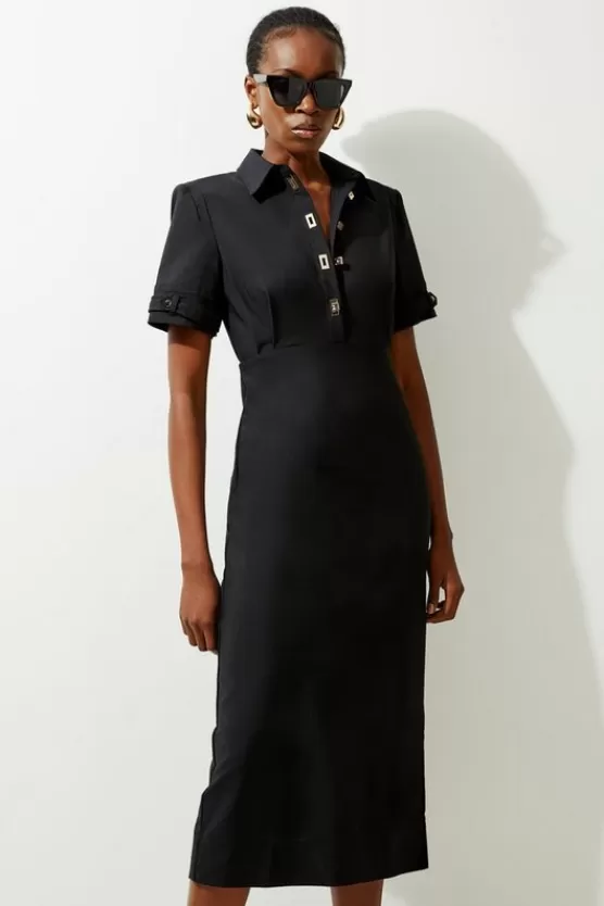 Cheap Karen Millen Essential Techno Shirt Sleeve Woven Shirt Dress With Gold Hardware black