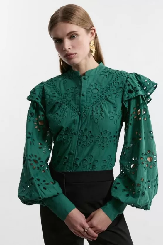 Best Sale Karen Millen Eyelet Woven Blouse With Guipure Trim green