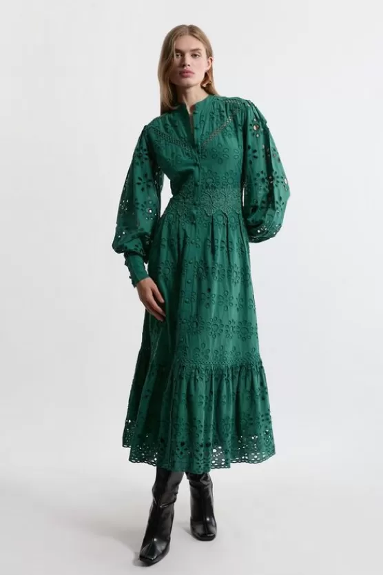 Best Karen Millen Eyelet Woven Midi Shirt Dress With Guipure Trim green