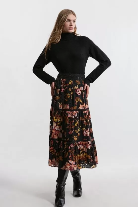 Clearance Karen Millen Eyelet Woven Midi Skirt With Guipure Trim floral