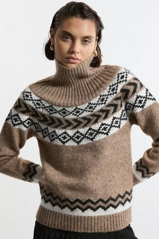 Cheap Karen Millen Fairisle Pattern Crew Neck Sweater camel