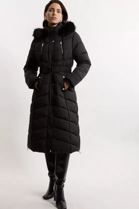 Flash Sale Karen Millen Faux Down Padded Belted Hooded Puffer Coat black