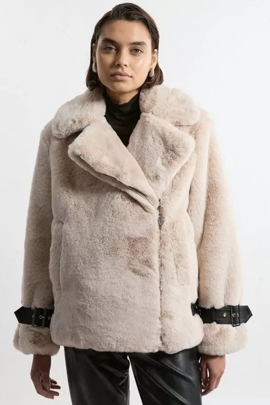 Hot Karen Millen Faux Fur Biker Coat cream