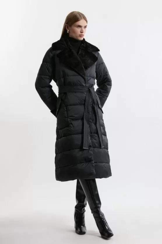 Shop Karen Millen Faux Fur Lined Belted Longline Puffer Coat black